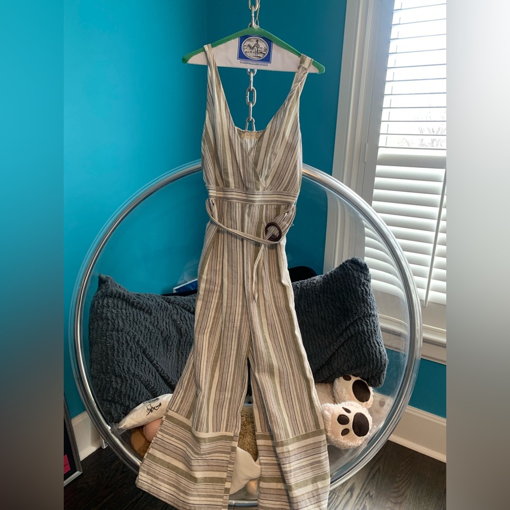 Altar’d State Sage Green Striped & Belted Jumpsuit